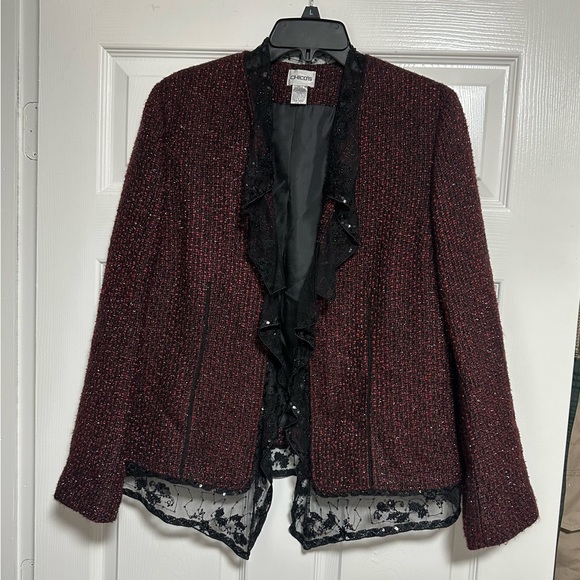 CHICO'S Tweed Gloriana Jacket Red Black Chiffon 1 Embellished - Picture 1 of 4